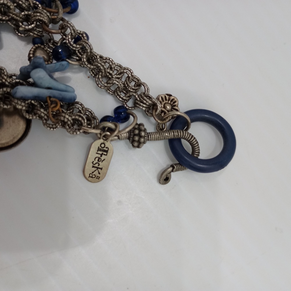 Treska Multi Strand Blue Glass Charm Necklace Silver Tone Signed - Picture 8 of 9